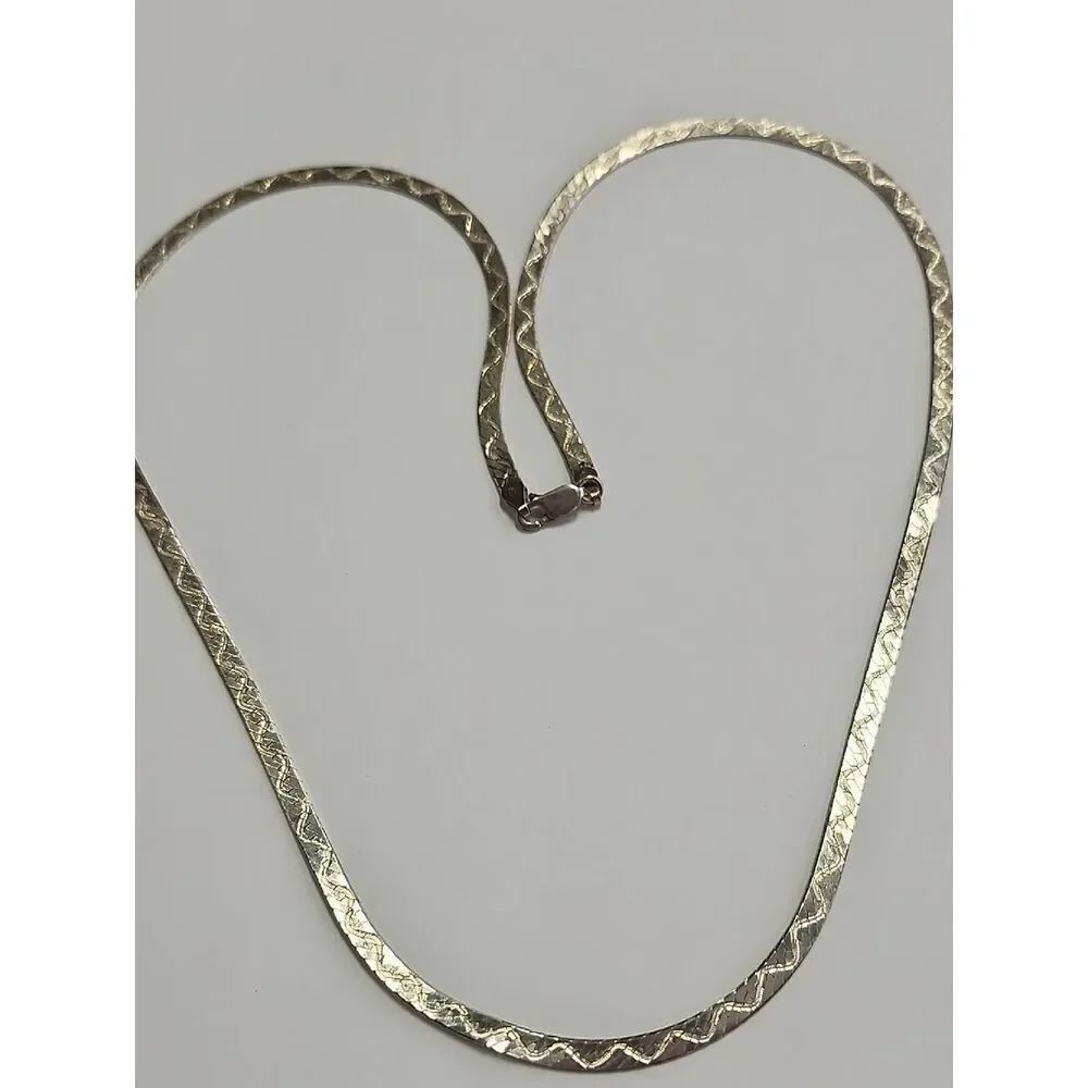 Textured Long Sterling Silver Chain Necklace Flat